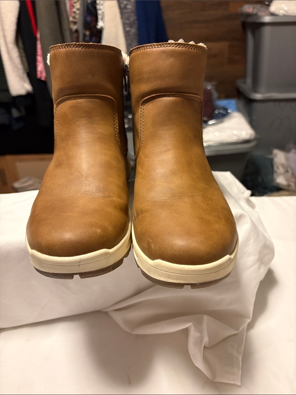Eddie Bauer Chestnut Brown Faux-Leather Ankle Booties with Sherpa Trim